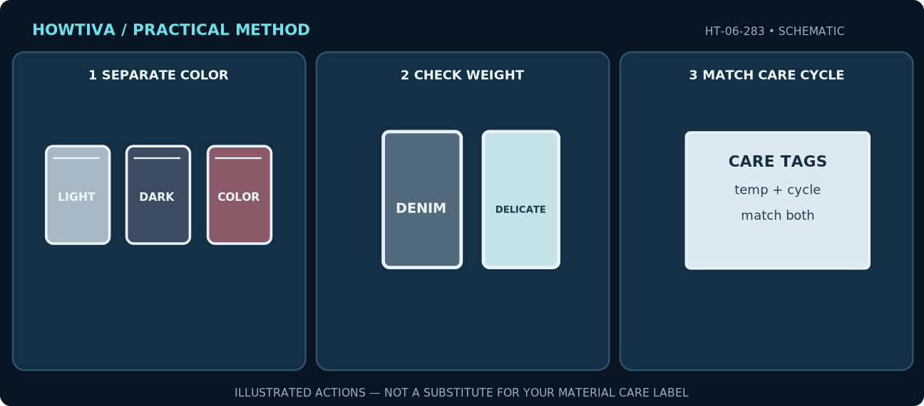 Three laundry sorting diagrams illustrate separating color groups, keeping denim and towels away from delicates, and comparing garment care labels.