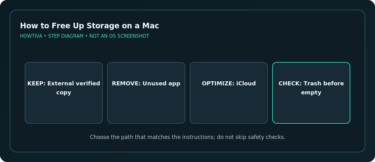 Mac cleanup decision between external copy, unused app removal and iCloud optimization