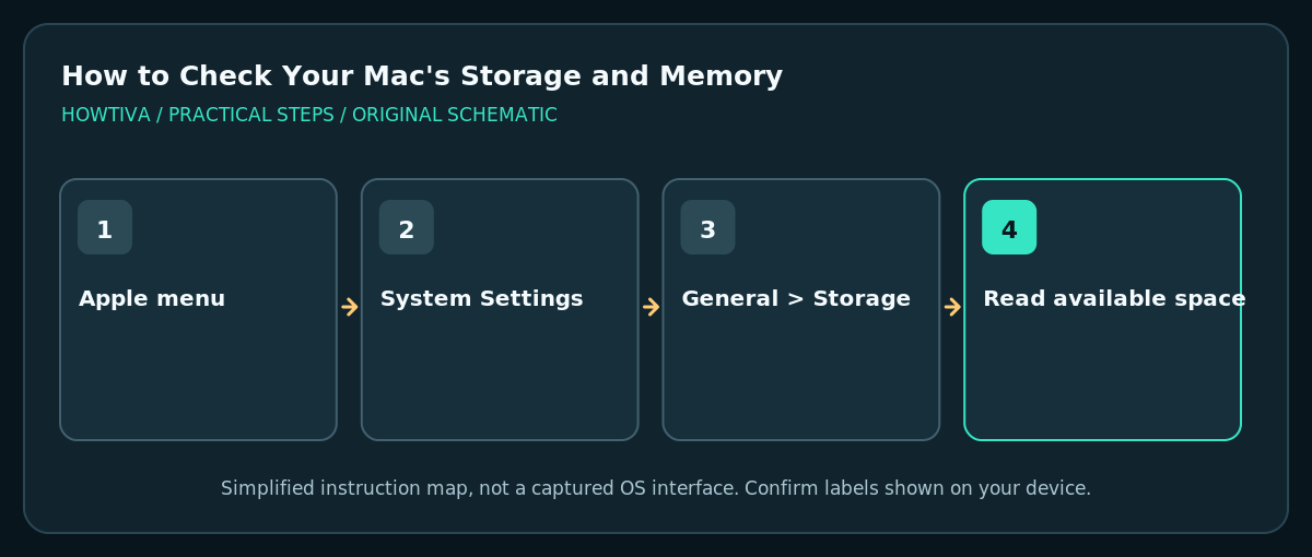 Route through Apple menu, System Settings, General and Storage to available disk space