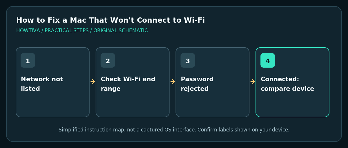 Mac Wi-Fi decision diagram comparing no network, wrong password and no internet