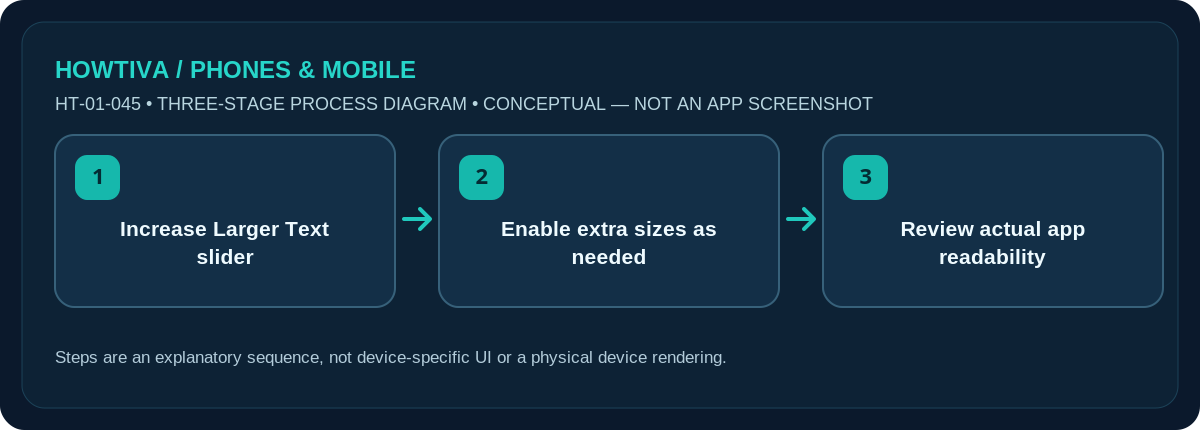 Original non-UI three-stage illustration for how to make text bigger on an iphone: Increase Larger Text slider, Enable extra sizes as needed, Review actual app readability.