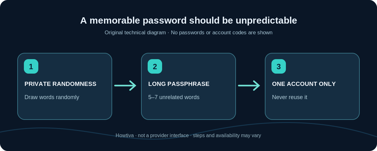 Schematic showing five unrelated privately chosen words becoming one long unique passphrase, with no sample credential shown