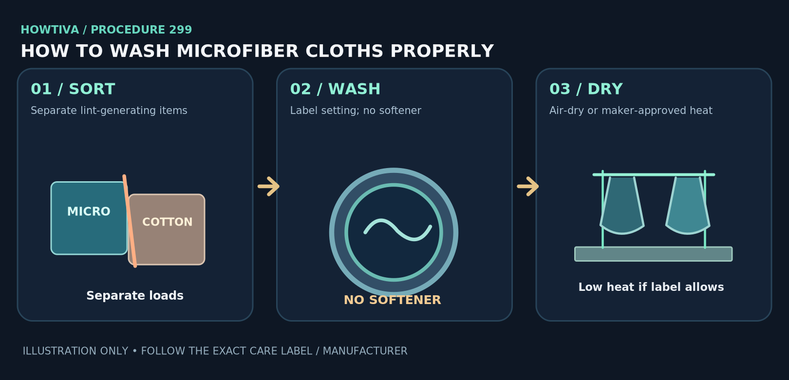 Three-panel care illustration showing microfiber separated from lint-producing cotton, washing without fabric softener and drying at label-approved low heat or on a rack.