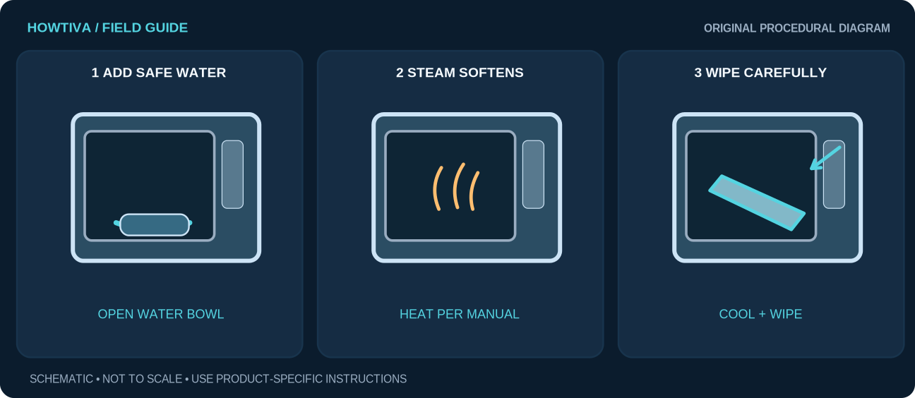 Microwave cavity with an open water bowl, rising steam during allowed cycle, and cloth wiping after cooling