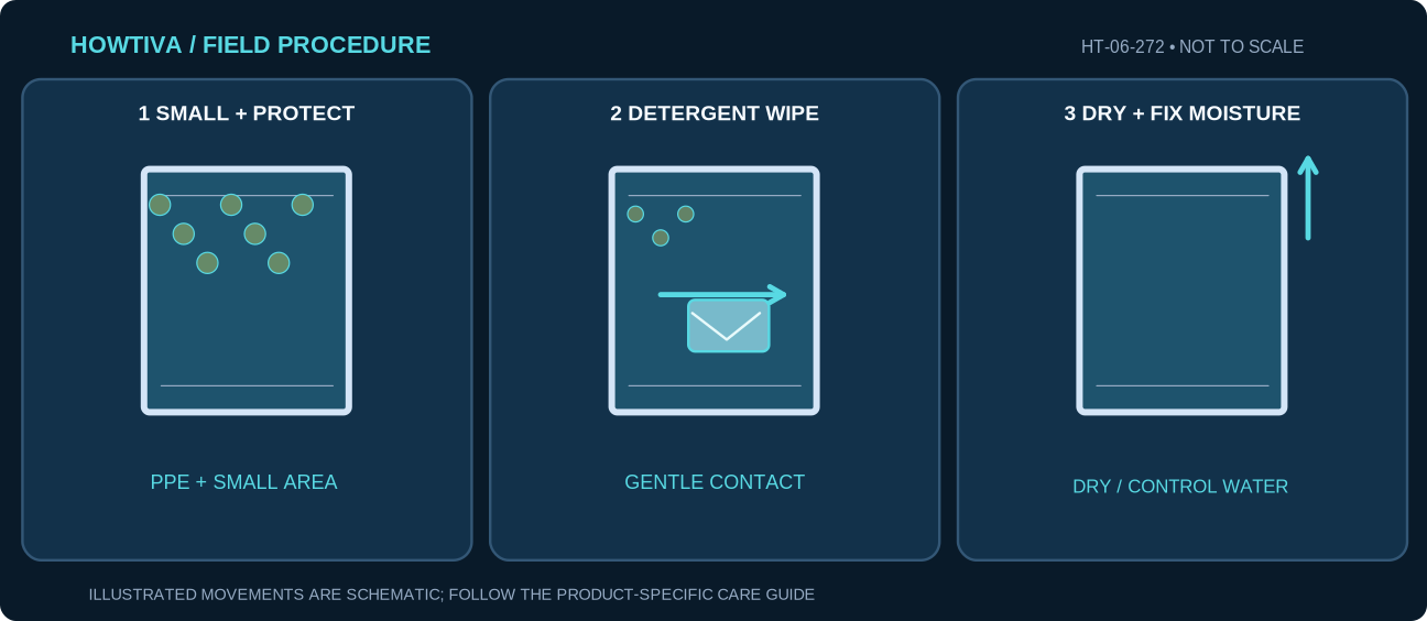 A small visible patch on hard surface, a moist detergent cloth wiping it away with protective gloves and a fully dried surface.