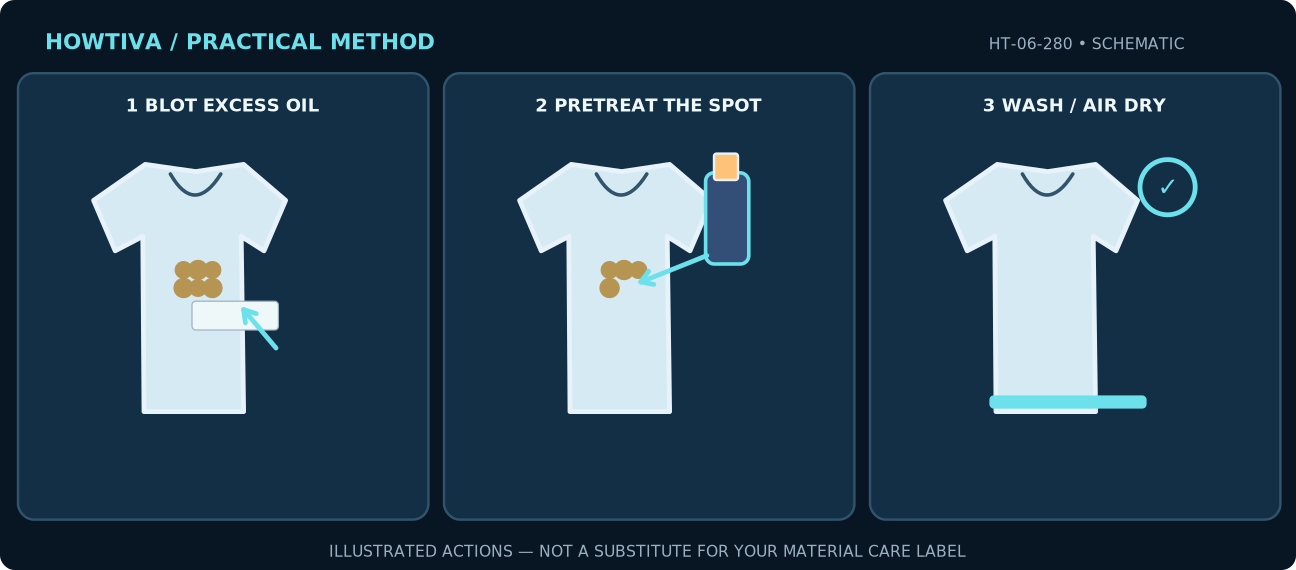 Oil stain on washable shirt: blot with towel, pretreat with fabric-safe detergent, wash and inspect before heat.