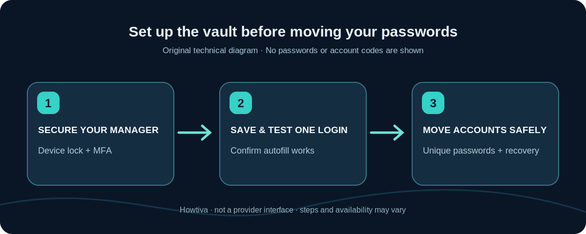 Original diagram of device unlock and manager vault leading to unique site passwords, with a separate recovery path