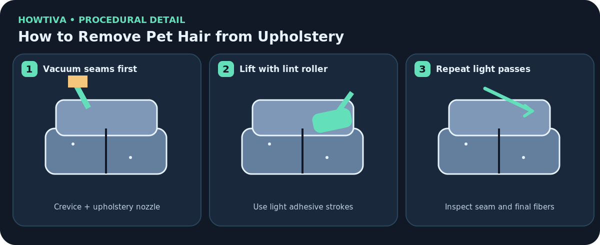 Diagram showing sofa cushion seams vacuumed with an upholstery attachment, pet hair lifted using a lint roller, and a final soft pass without damaging the fabric.