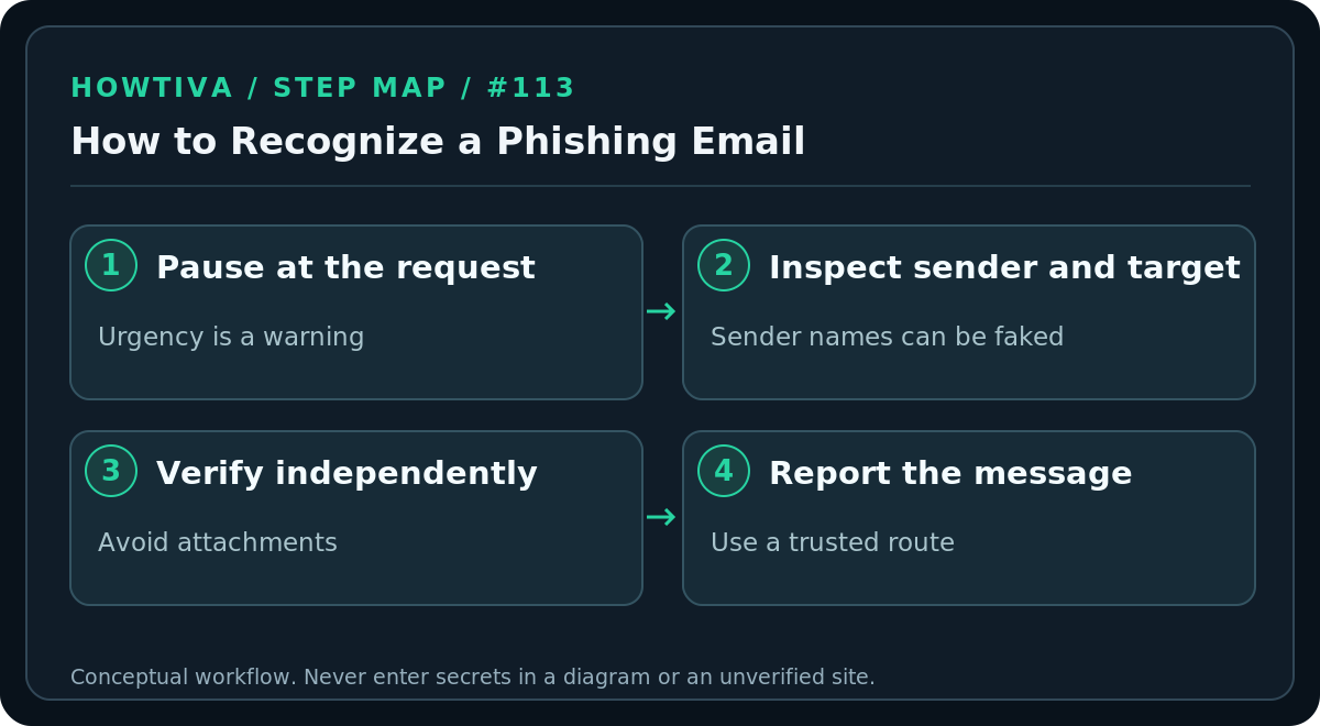 Original four-stage procedure diagram for how to recognize a phishing email, without account screens or authentication secrets