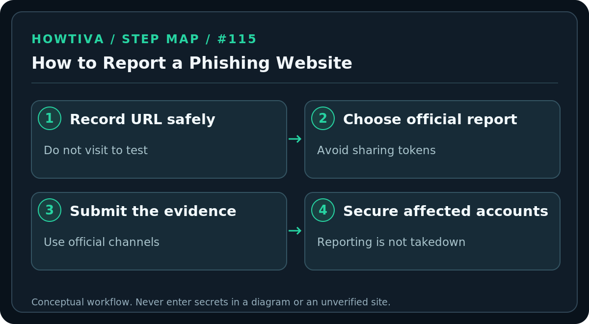 Original four-stage procedure diagram for how to report a phishing website, without account screens or authentication secrets