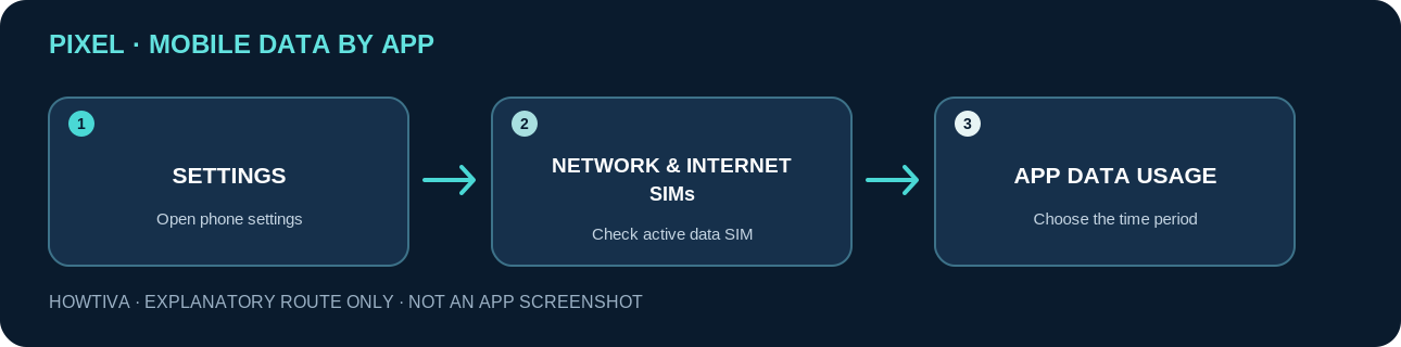 Non-UI diagram: Google Pixel Settings, Network and internet then SIMs, then App data usage and a time-period selector.