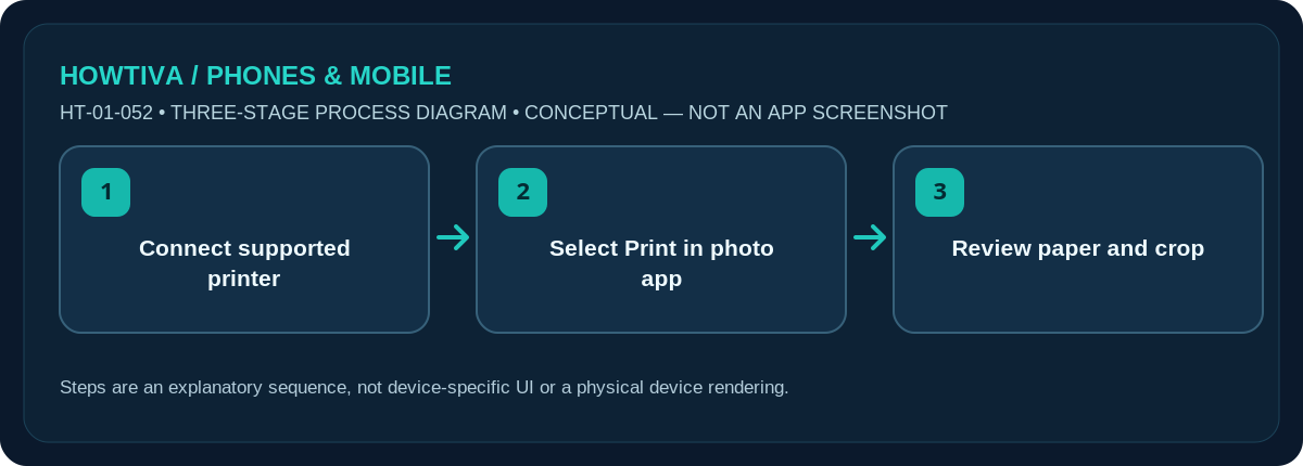 Original non-UI three-stage illustration for how to print a photo from your phone: Connect supported printer, Select Print in photo app, Review paper and crop.