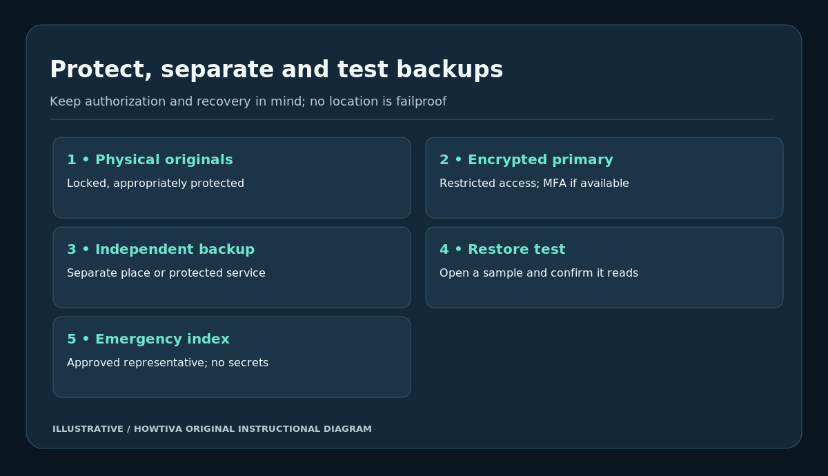 Five-step document-protection flow with physical originals, encrypted primary copies, independent backup, restore test and emergency location index.