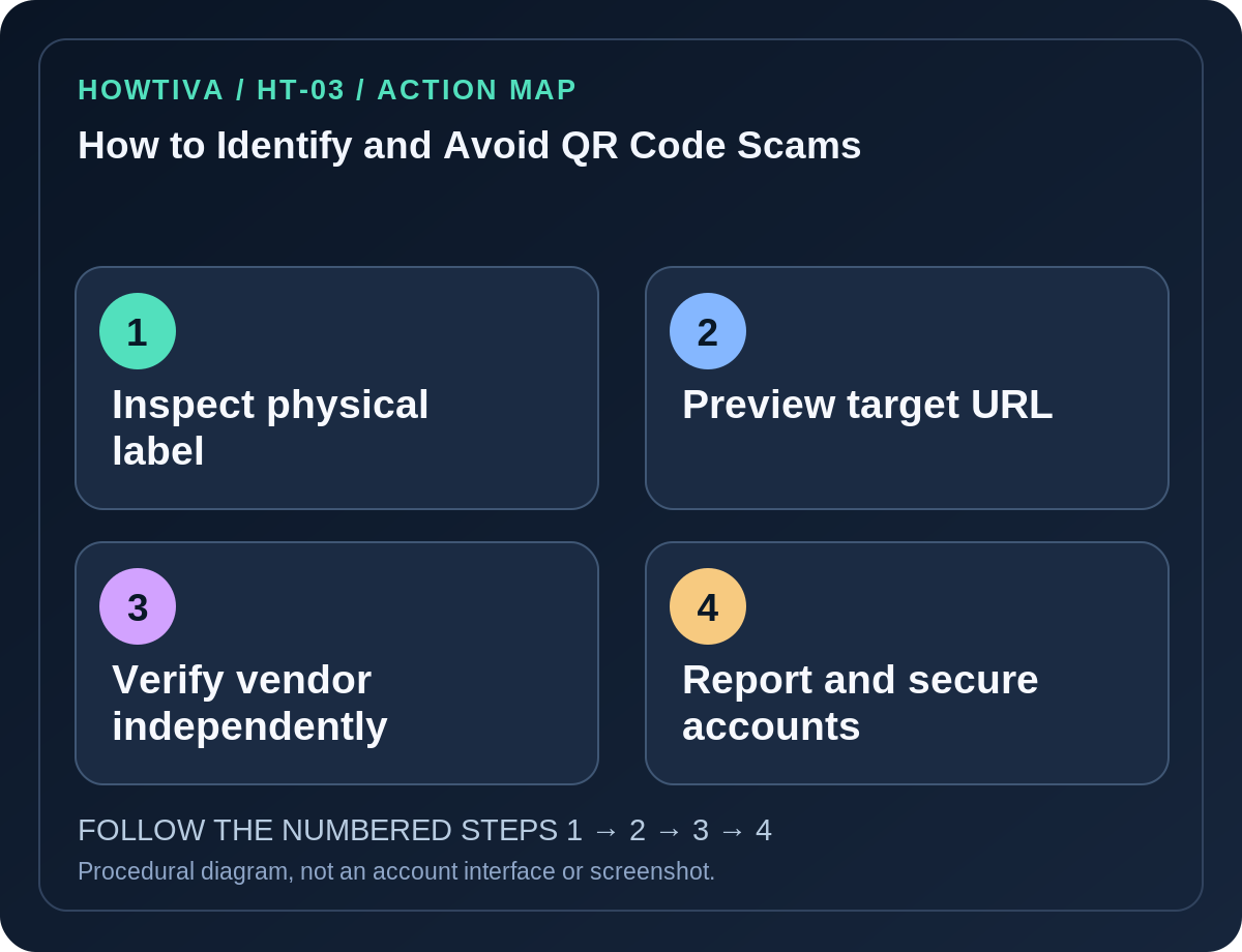 Original four-stage action map for how to identify and avoid qr code scams, showing each procedural stage without imitation authentication screens