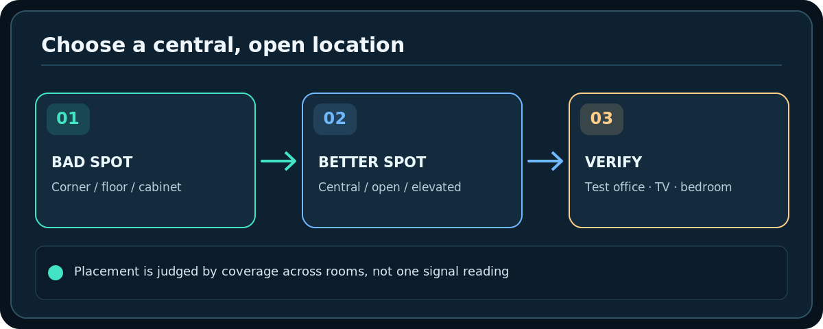 Original technical diagram: Choose a central, open location; Placement is judged by coverage across rooms, not one signal reading