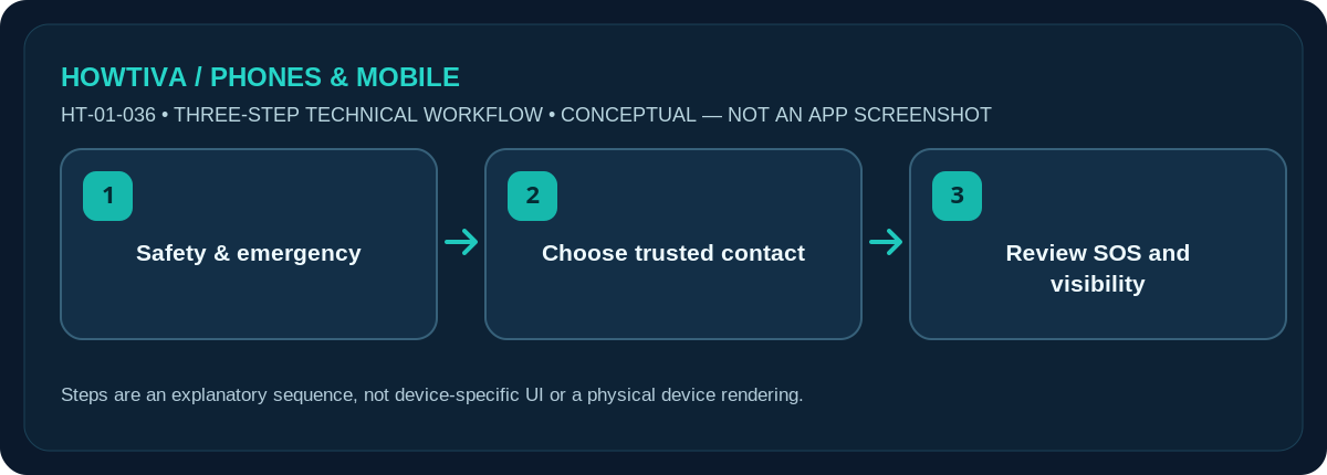 Original non-UI three-stage illustration for how to set up emergency contacts on android: Safety & emergency, Choose trusted contact, Review SOS and visibility.