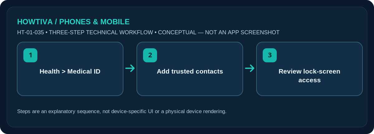 Original non-UI three-stage illustration for how to set up emergency contacts on iphone: Health > Medical ID, Add trusted contacts, Review lock-screen access.