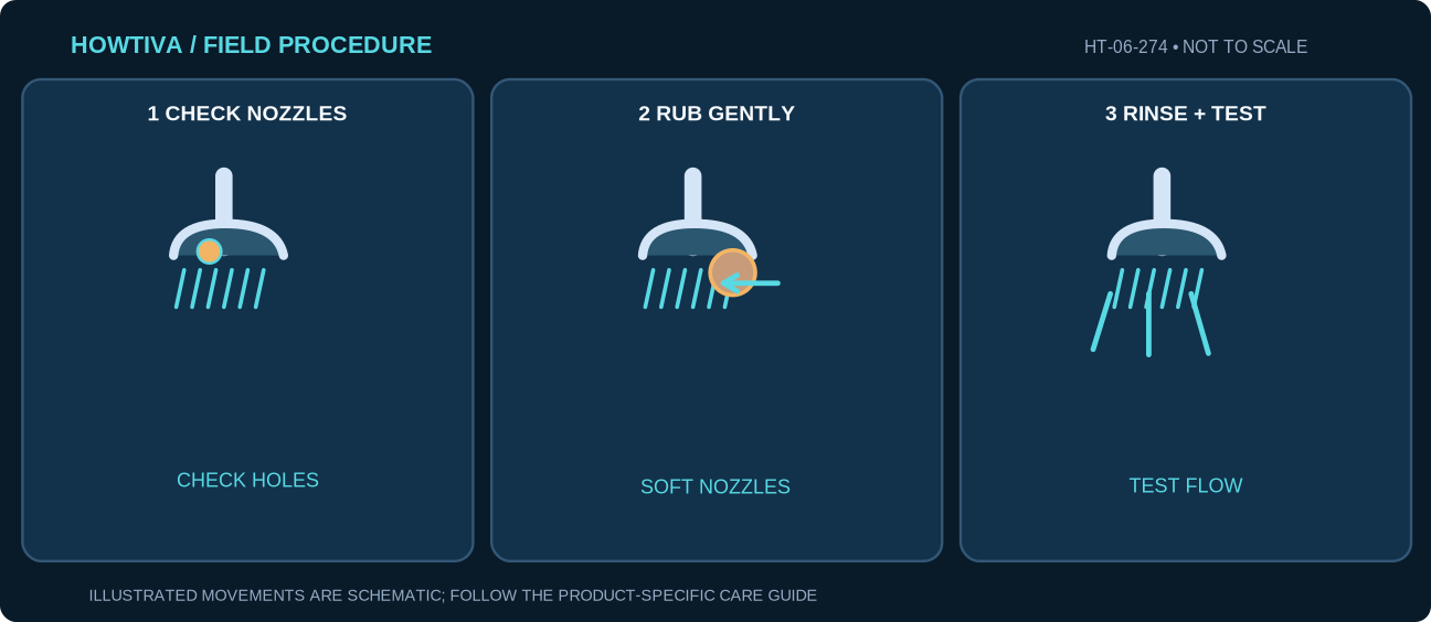 Showerhead spray face with visible mineral-clogged soft nozzles, finger gently rubbing deposits off and a fresh-water spray test.