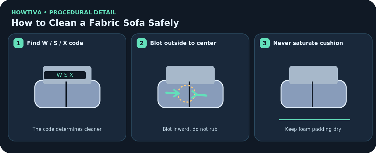 Technical diagram identifying upholstery codes W S X, showing blotting inward from the stain edge and indicating moisture must not reach the foam cushion.