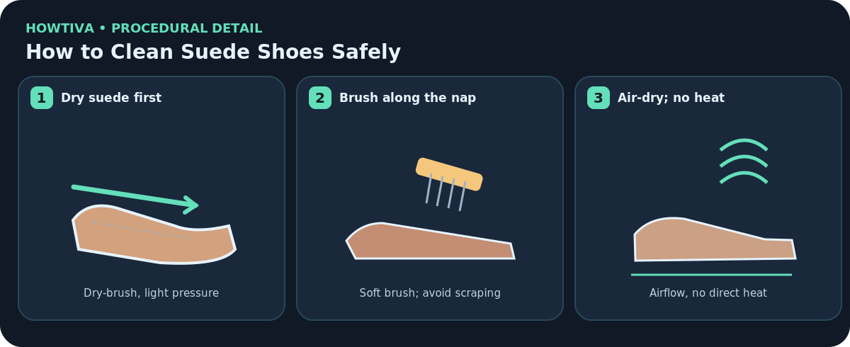 Three-panel suede-care diagram showing a soft brush moving with the suede nap, a gentle eraser test, and natural air-drying away from heat.