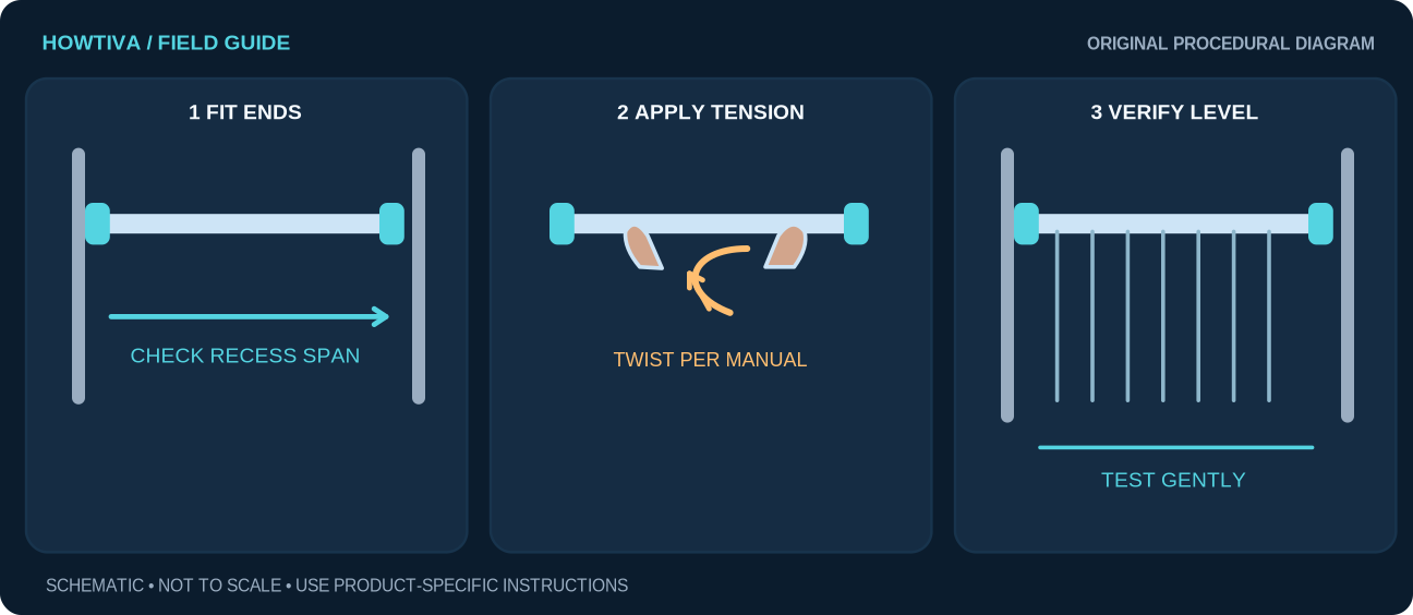 Inside mounted tension rod first sized, then hand twisted in accordance with its instructions, then checked for level with curtain hanging