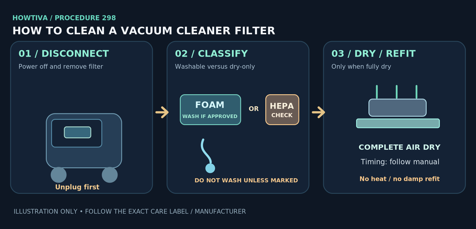 Decision-flow drawing showing unplugged vacuum filter removed, washable foam filter gently rinsed under a faucet, non-washable pleated HEPA filter kept dry, and filter reinstalled only after complete air drying.