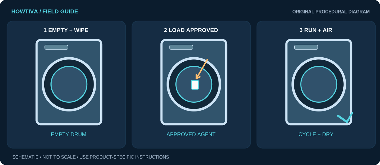 Empty front-loading washing machine, approved cleaner placed in the empty drum, then cleaning cycle and airing