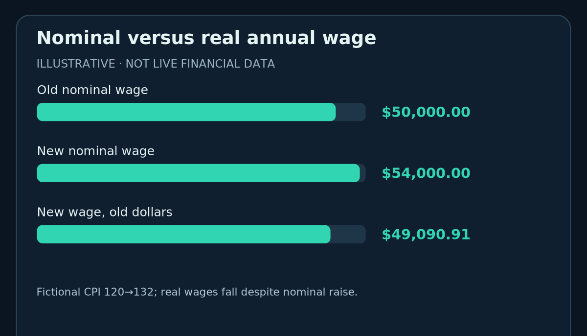 Nominal versus real annual wage: Old nominal wage 50,000.00 $, New nominal wage 54,000.00 $, New wage, old dollars 49,090.91 $ (hypothetical values).
