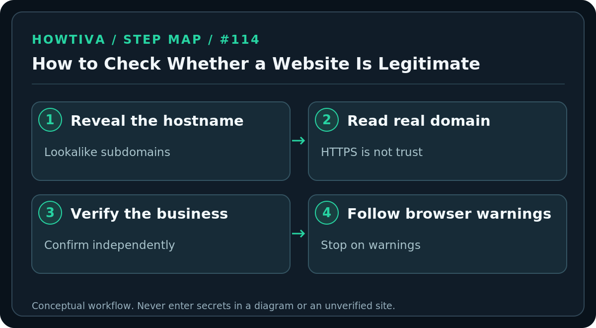 Original four-stage procedure diagram for how to check whether a website is legitimate, without account screens or authentication secrets