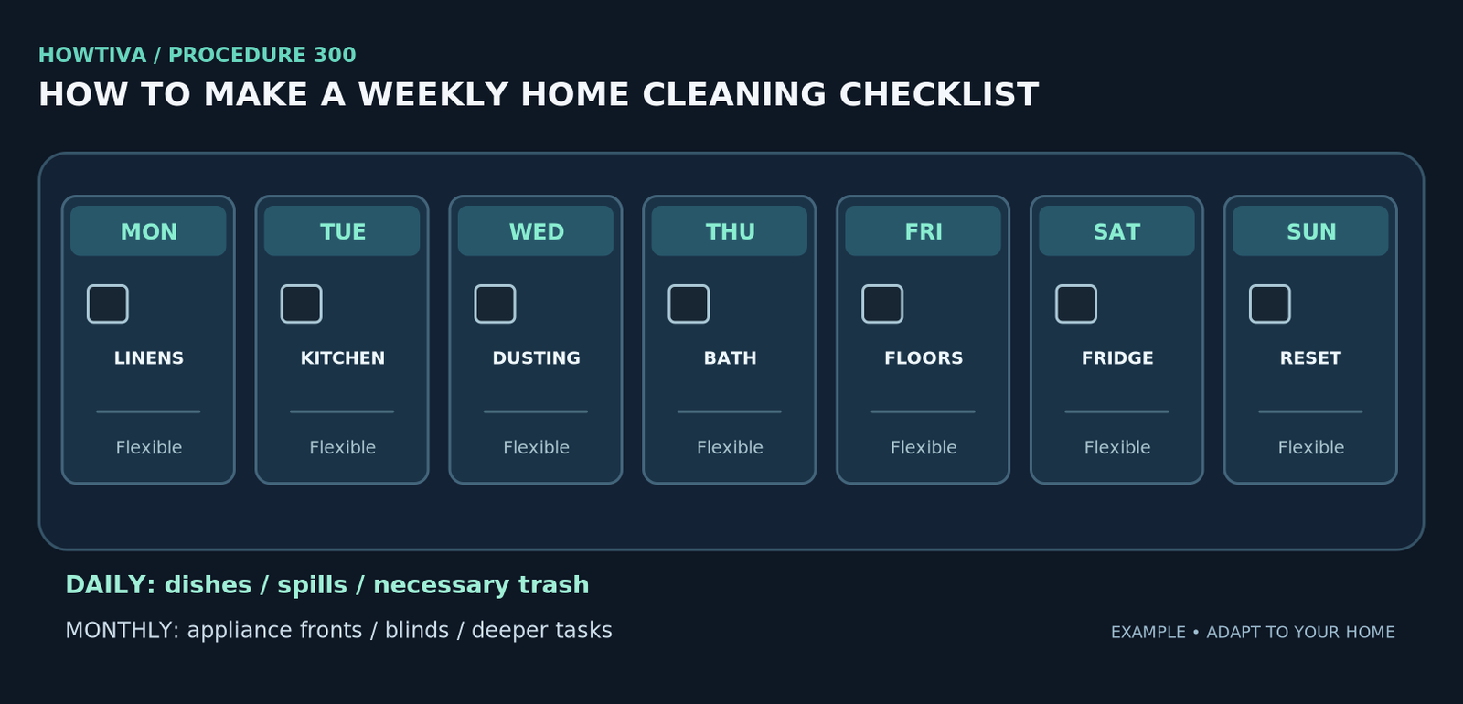 Seven-day editable-style cleaning schedule diagram with kitchen, bathroom, floor, laundry, dusting and catch-up blocks plus separate daily and monthly tasks.