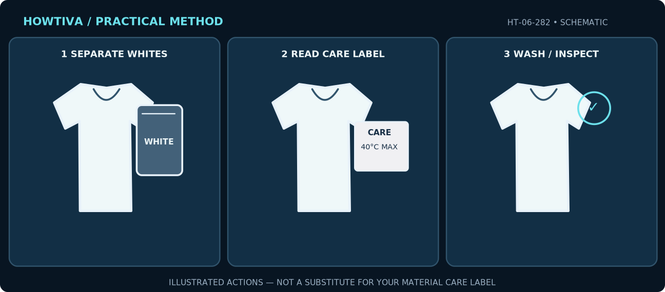 White-laundry workflow: separate plain whites, check a care label, use detergent and review garment before drying.
