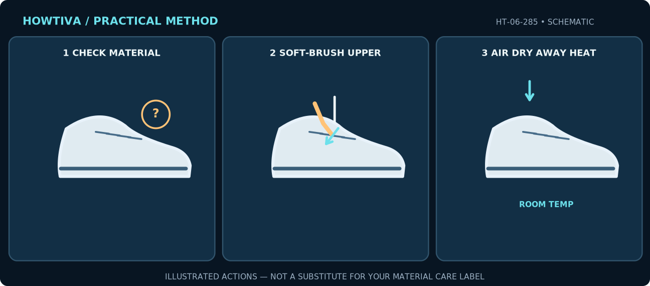 White sneaker cleaning diagram identifies different material zones, illustrates separate brushes for upper and sole, and finishes with room-temperature air drying.