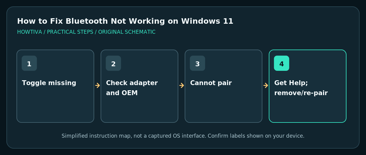 Bluetooth failure branches showing missing toggle versus failed pairing