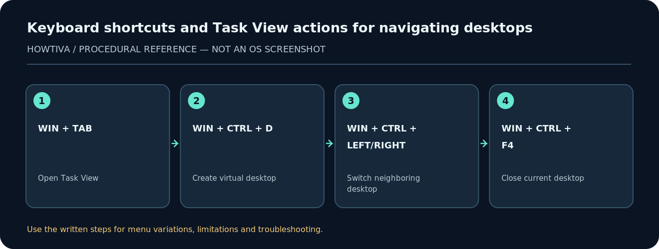 Keyboard shortcuts and Task View actions for navigating desktops