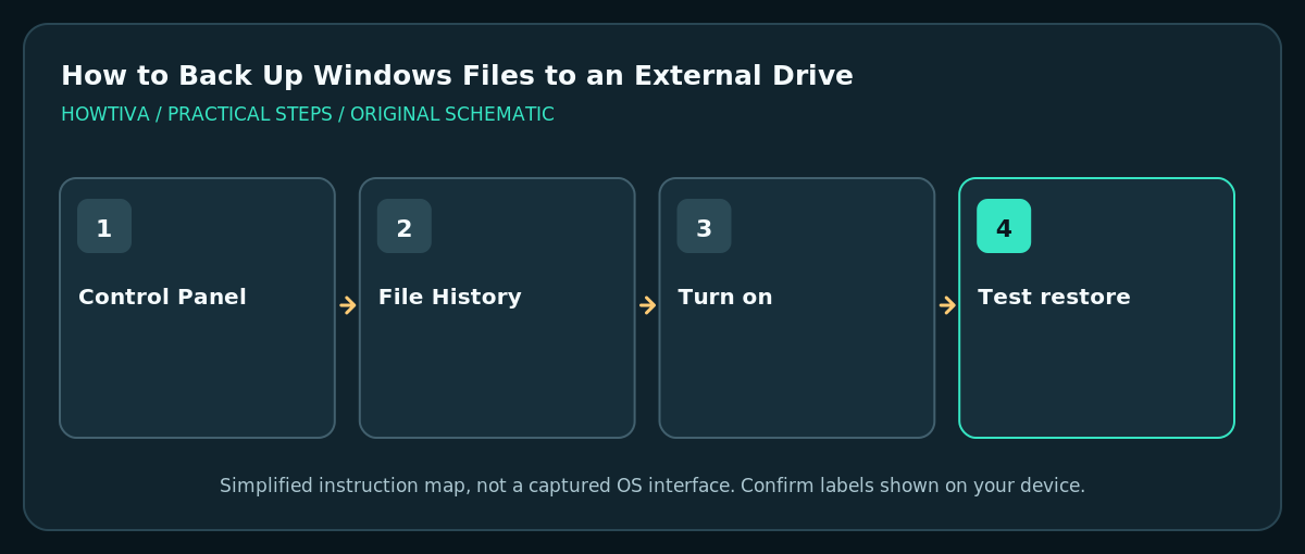 File History workflow from Control Panel to verifying restored files