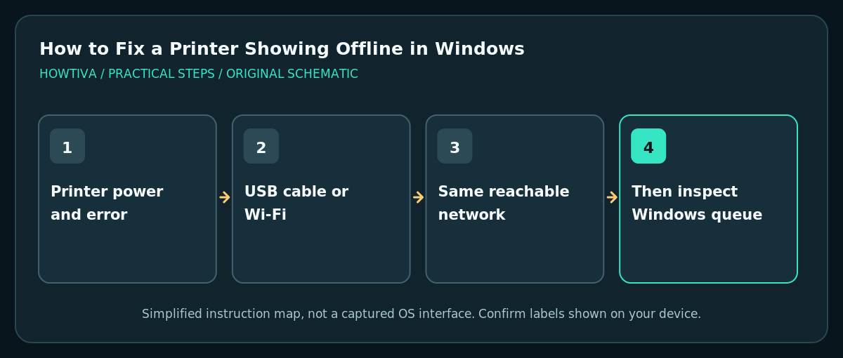 Printer offline troubleshooting map for USB or same Wi-Fi network
