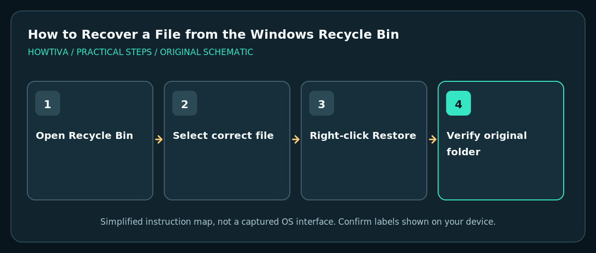 Select deleted file in Recycle Bin choose Restore then verify original folder