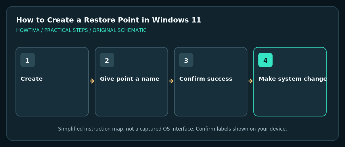 Name the restore point and confirm completion before making Windows system changes