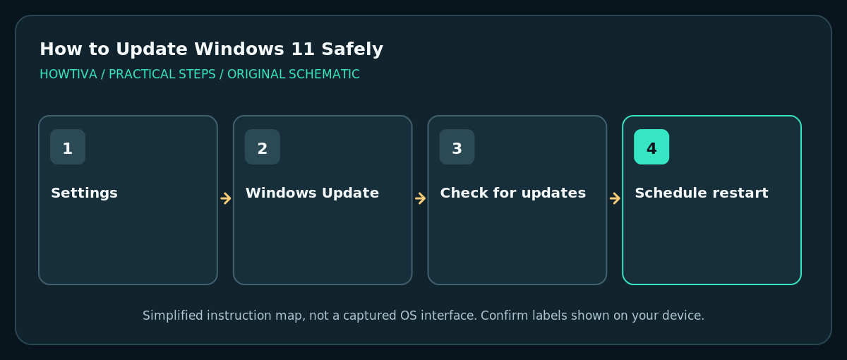 Steps from Windows Settings through Check for updates to scheduled restart