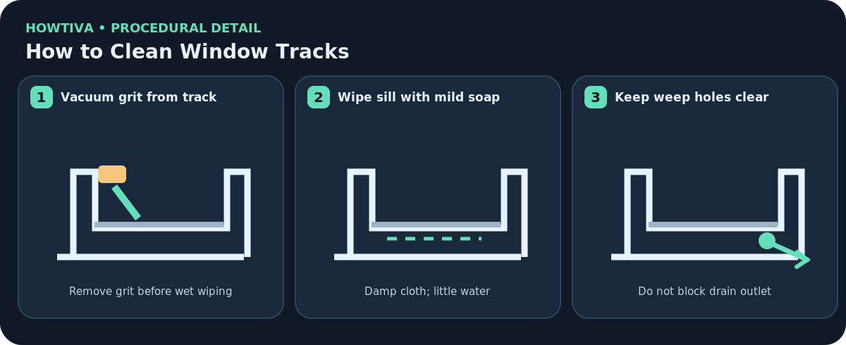 Cross-section of a sliding window track showing a vacuum attachment collecting grit, soft cloth wiping the sill, and an exterior-facing weep drainage opening left unobstructed.