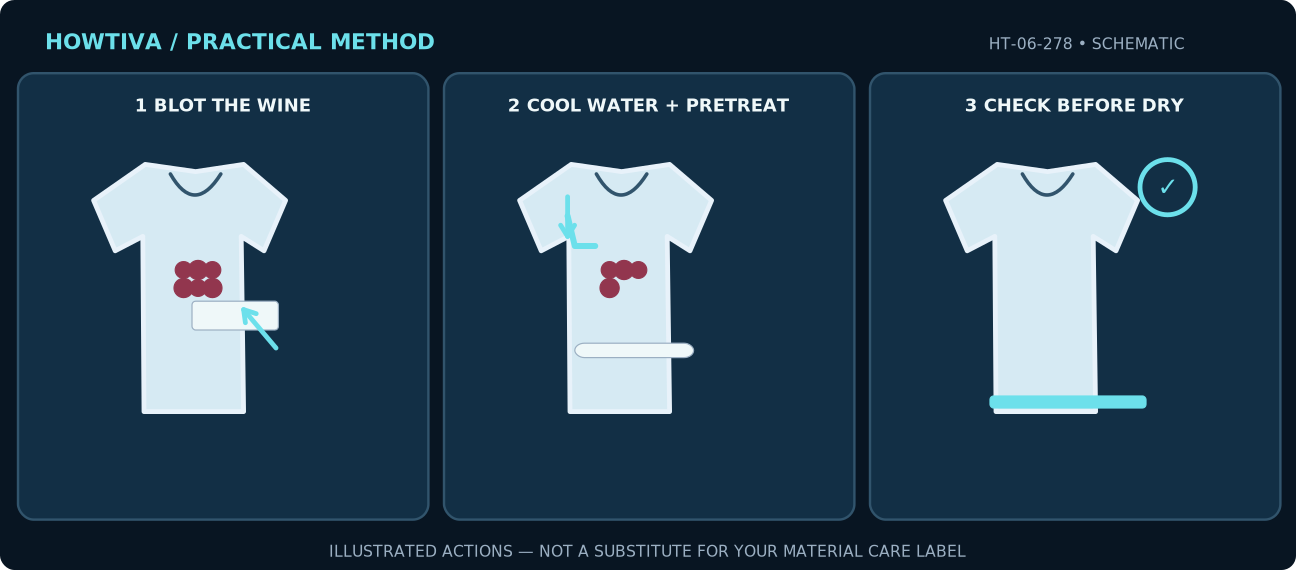 Red-wine stained shirt: blot into backing towel, sponge with cool water and pretreat, then inspect while damp rather than using dryer heat.